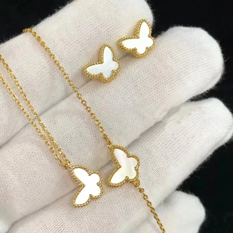 

2024 Luxury S925 Silver White Fritillaria Butterfly Necklace Electroplated 18K Gold Bracelet Earrings Women's Jewelry Set Gift