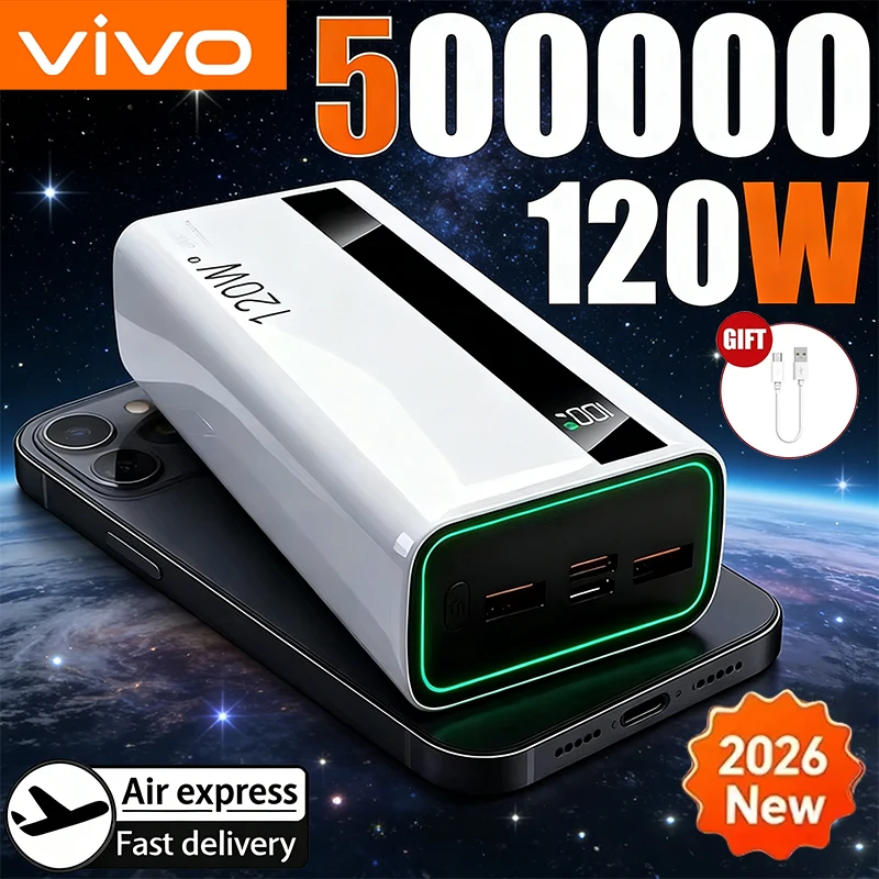 VIVO 120W 500000mAh Power Bank Portable Super Fast Charge Power Bank Large Capacity Digital Display Battery For iPhone Samsung