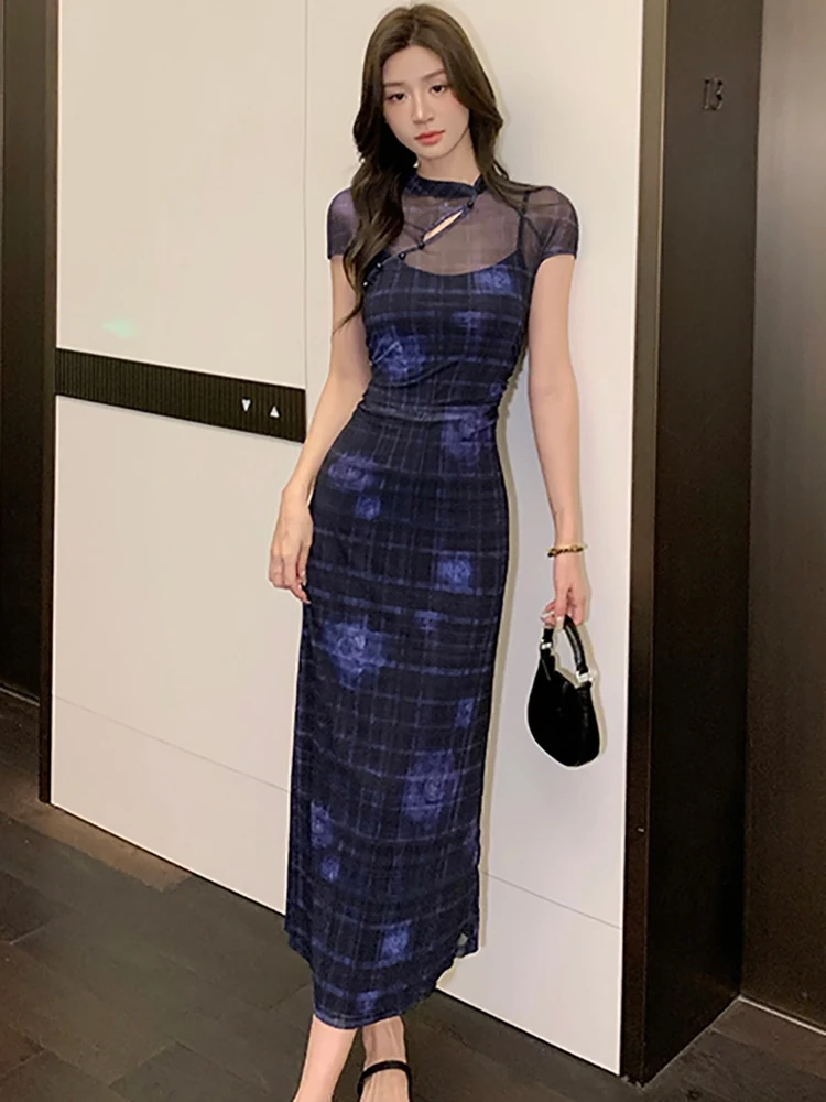 2025 bleu Floral Plaid Patchwork maille pure Sexy longue robe femmes coréen Vintage luxe robes été élégant moulante robes