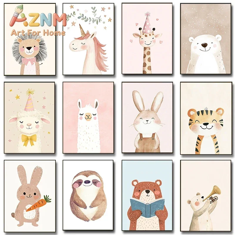 Smiling Animals Watercolor Posters Cute Tiger Giraffe Birthday Party Prints Canvas Painting Wall Pictures Kid's  Dec