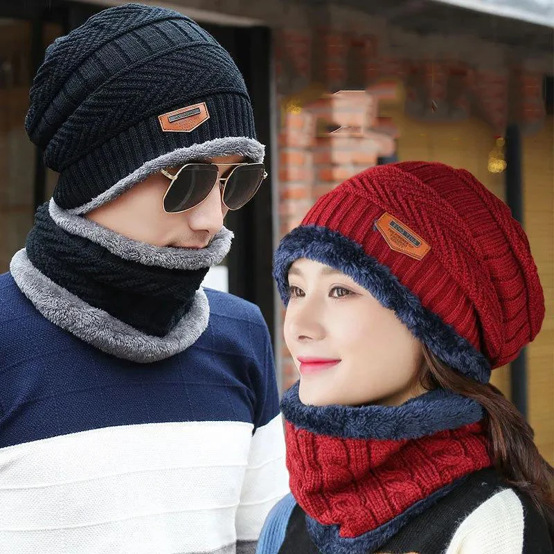 Winter Knit Cap Men and Women Outdoor Warm Thickening Plus Velvet Loose Winter Hat with Scarf Winter Ski Mask Hat Neutral 1PC