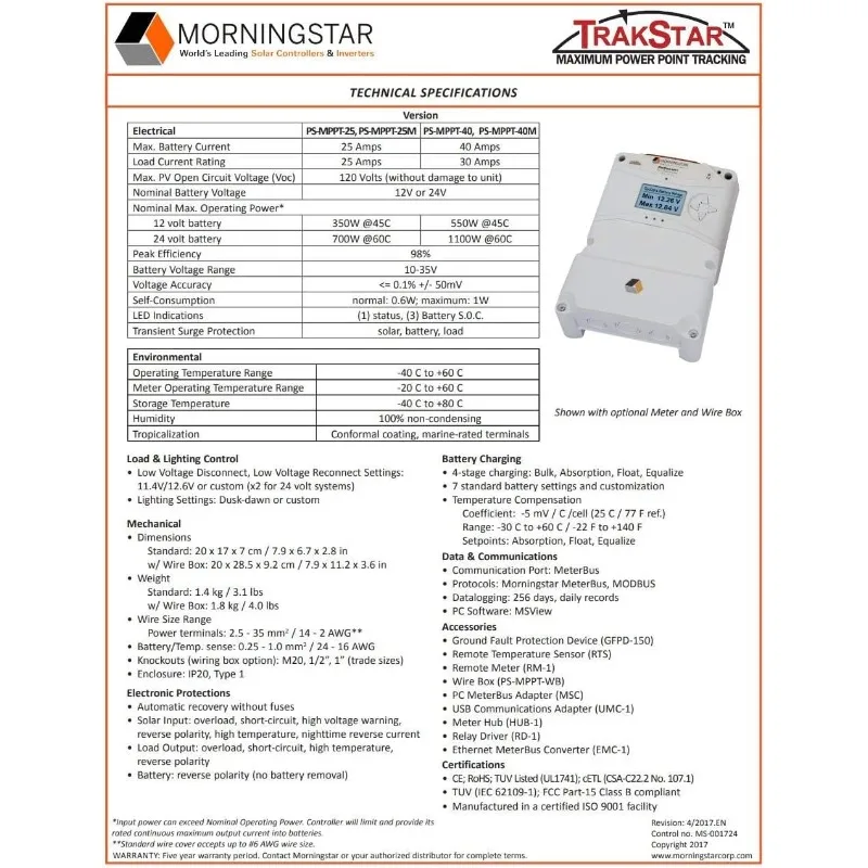 Morningstar Prostar 40A MPPT Solar Charge Controller (PS-MPPT-40) - Solar Panel Regulator, Supports 12V/24V LA/Lithium Batteries