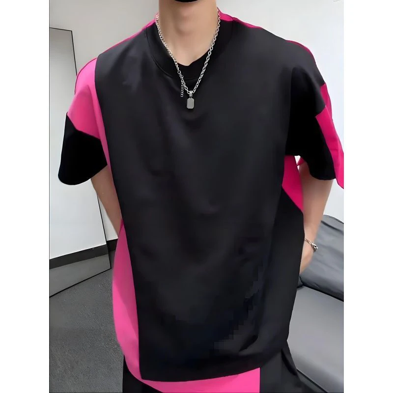 

Summer Men Asymmetric Splicing T-shirt Dopamine Contrast Color Oversized Short Sleeve Tee Trendy Street Style Loose Casual Tops