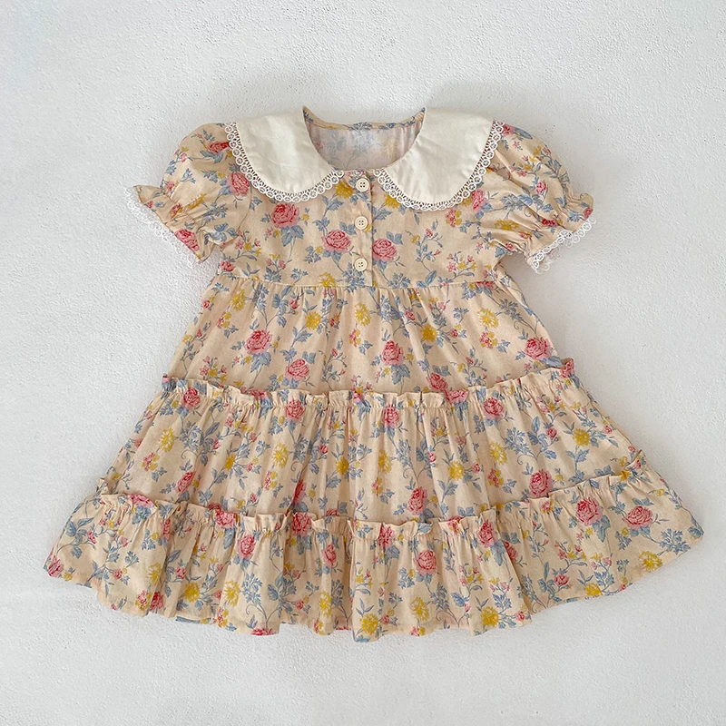 2026 Neues Mädchenkleid für den Sommer 2-6 Jahre Kurzarm-Kleid mit Blumenmuster Gerüschter Kragen Süßes Baumwollkleid – Detail 2