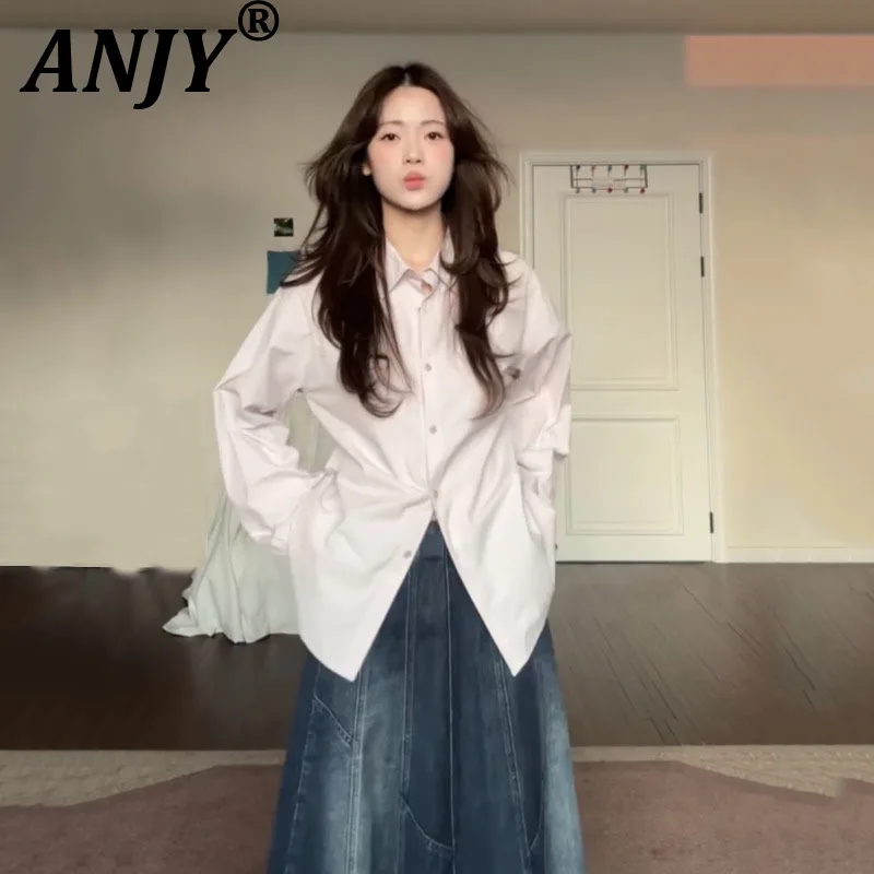 

ANJY Spring Autumn New Women Elegant Solid Color Casual Turn-Down Collar Pleated Shirt Trend Ins Loose Long Sleeve Blouse A20104