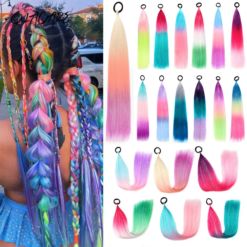 

24inch Synthetic Braided Ponytail DIY Ombre Hair Extensions With Hair Tinsel Jumbo Ponytail Colorful Crazy Hair For Braiding