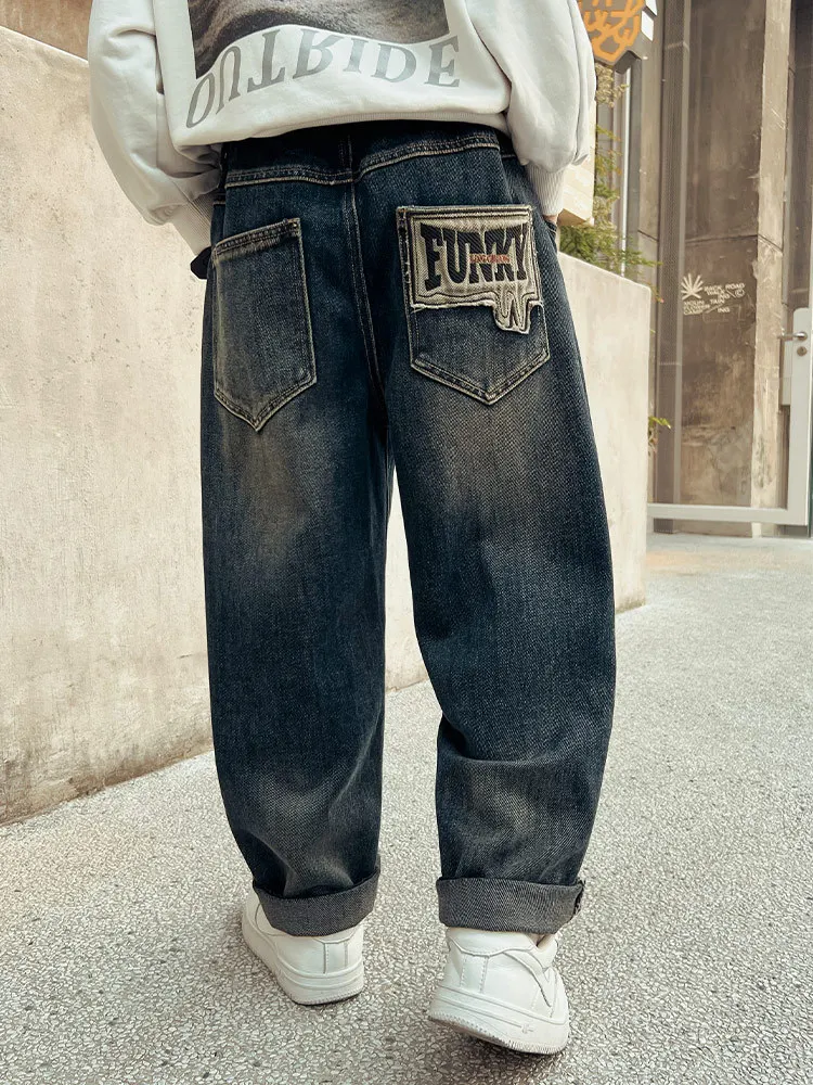 Teenagers Boys Jeans Spring Autumn Kids Denim Trousers Children Baggy Pants Elastic Waist Blue Jeans 6 7 8 10 11 12 13 14 Years