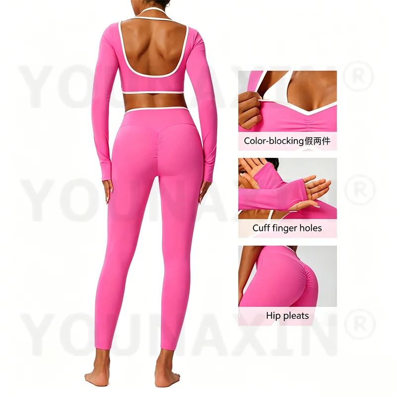 Women Yoga Clothing Suit Contrasting Colors Sexy Long-sleeved High-waisted Hip-raising Sports Pants Fitness Outdoor Running Set