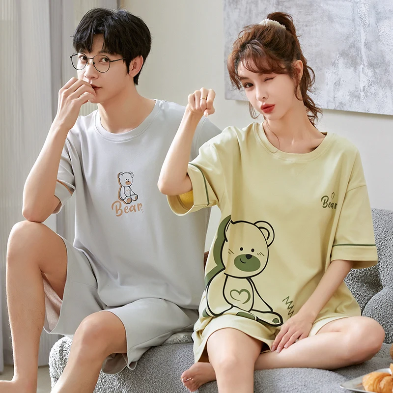 Summer Couple Pjs Cartoon Young Girl Big Boys Pyjamas Knitted Mens Pajamas Sets Matching Sleepwear Women Nightwear Pijamas Loung