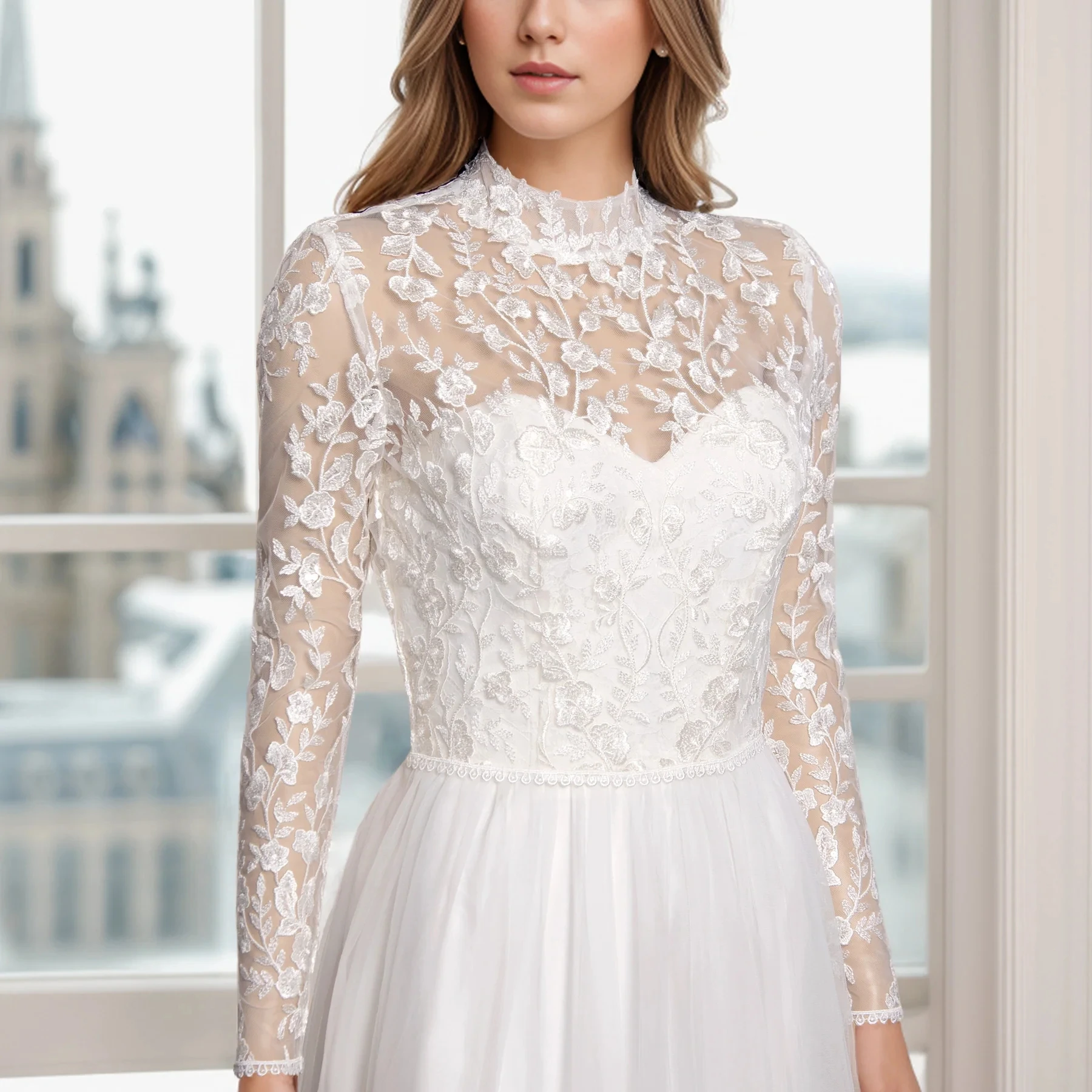 

Индивидуальные кружевные свадебные болеро с длинными рукавами и высоким воротником, элегантный свадебный жакет-накидка для невесты