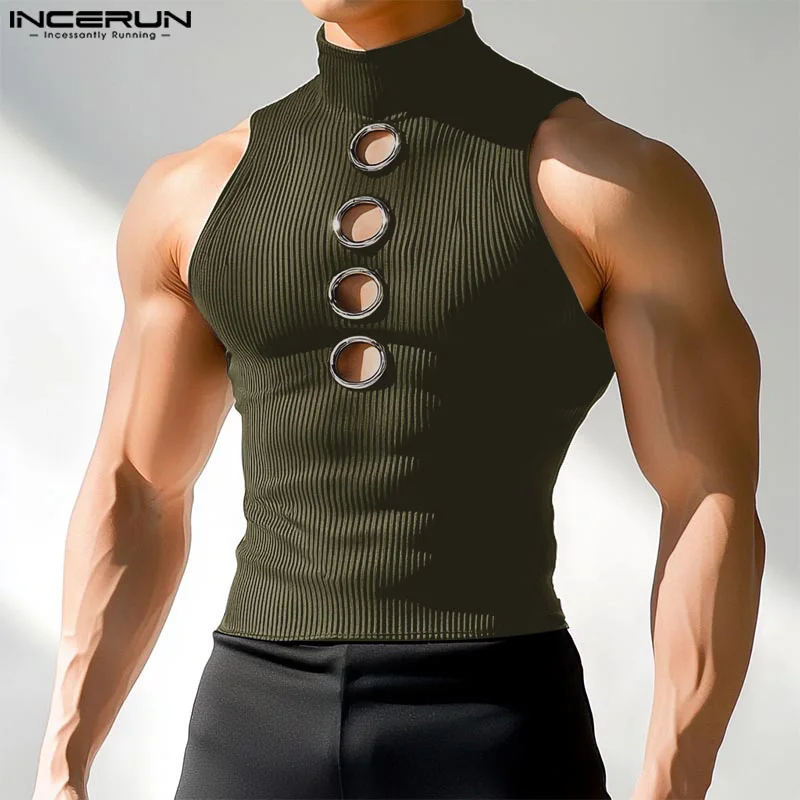 INCERUN Männer Tank Tops Solide Aushöhlen Sexy Gestrickte Männliche Westen Sommer Streetwear Tops Rollkragen Ärmellose Mode Männer Kleidung
