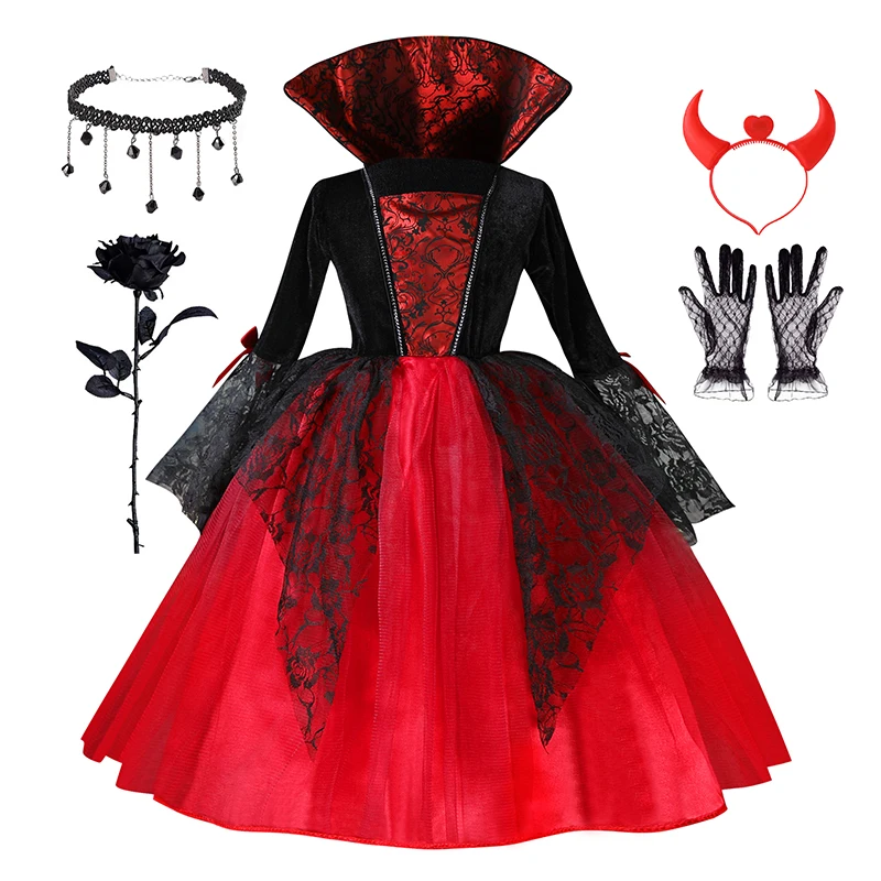 Girl Vampire Halloween Dress For Kid Ghost Bride Gothic Cosplay Vampire Costume Count Vampiran Carnival Outfit Black Red Clothes