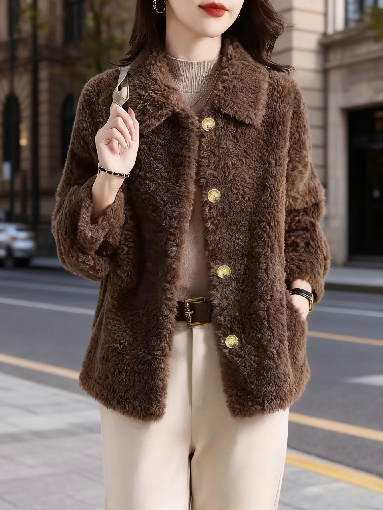 معطف شتوي سميك بأكمام طويلة بلون سادة للسيدات، ملابس خارجية فروي للنساء، سترة دافئة عصرية بمقاس كبير