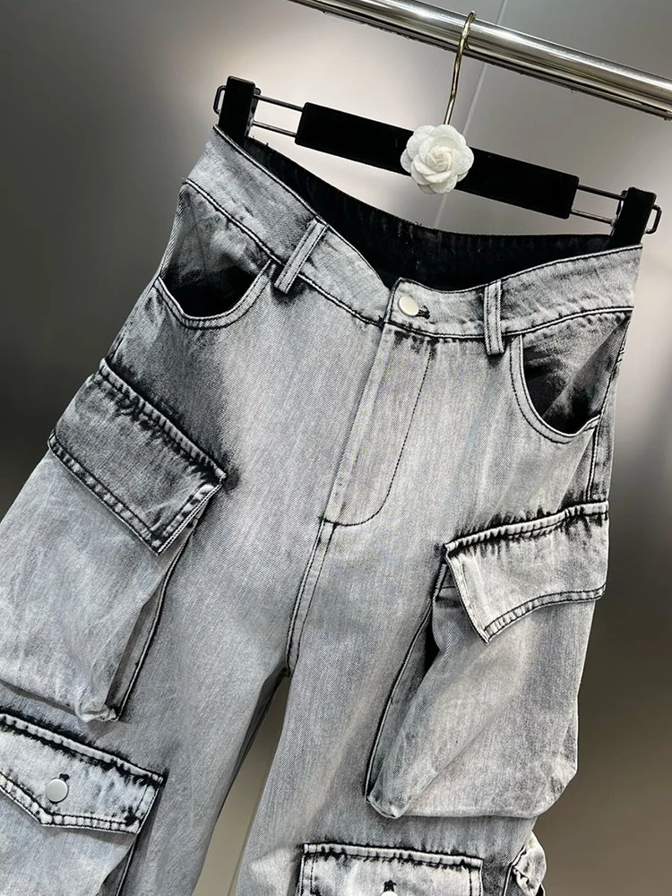 Fashion Gradient Multiple Pockets Design Jeans Women's Single Button High Waist Denim Pants 2023 Autumn Female New