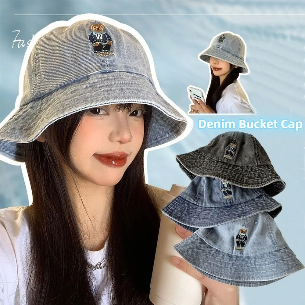 

Vintage Korean Denim Bucket Cap Bear Embroidered Y2k Denim Fishing Cap Versatile Sweet Sun Protection Hat Female