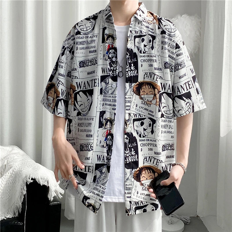 One Piece Luffy Zoro Chopper BROOK Printed Three-quarter Short-sleeved Shirt for Men Summer Thin Loose Casual Half-sleeved Shirt