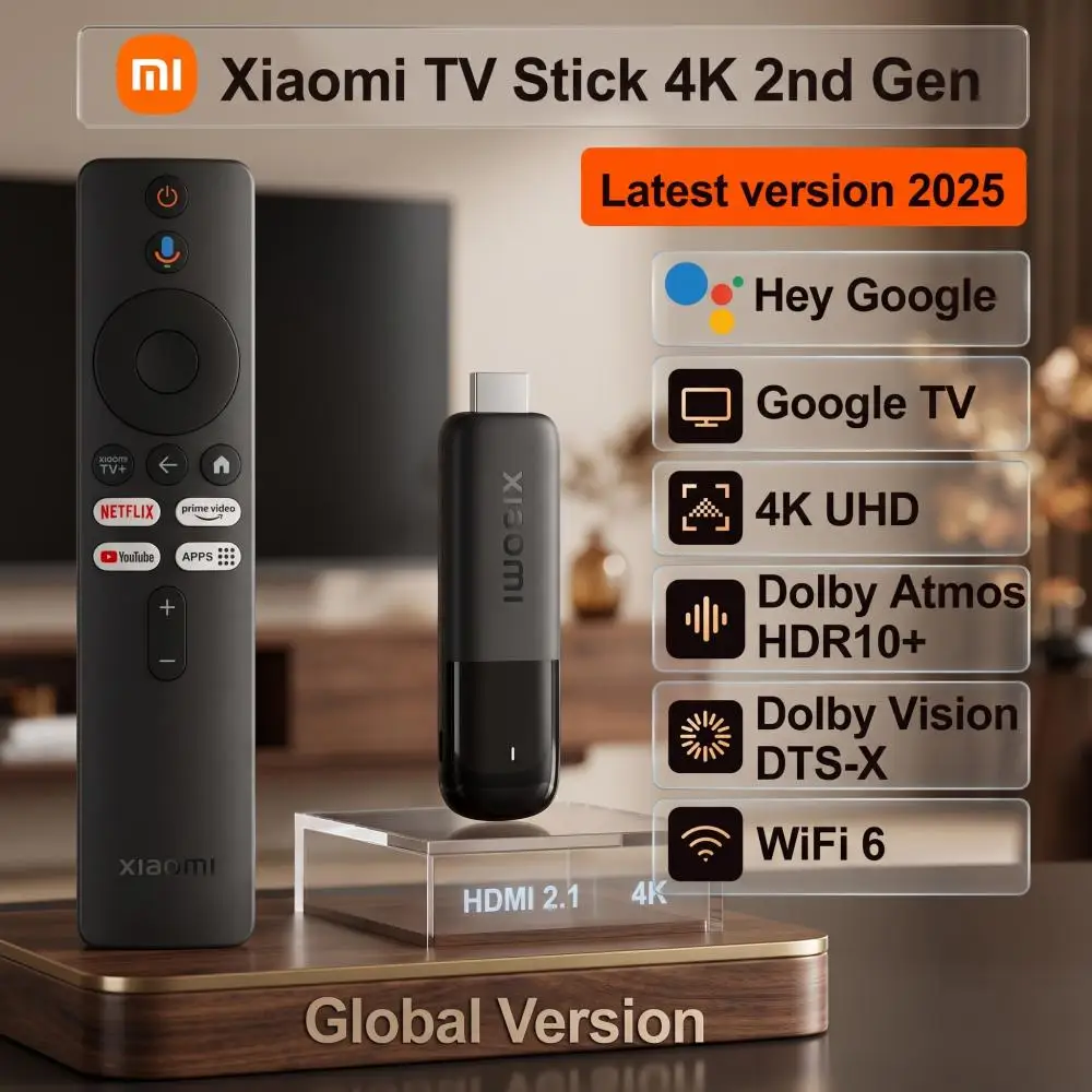 Xiaomi TV Stick 4K 2e generatie, draagbare streaming media, Netflix Dual-band WiFi 6 Google Assistent, BT5.2 Smart TV Dongle, 360 ° Bluetooth-stembediening voor Google TV