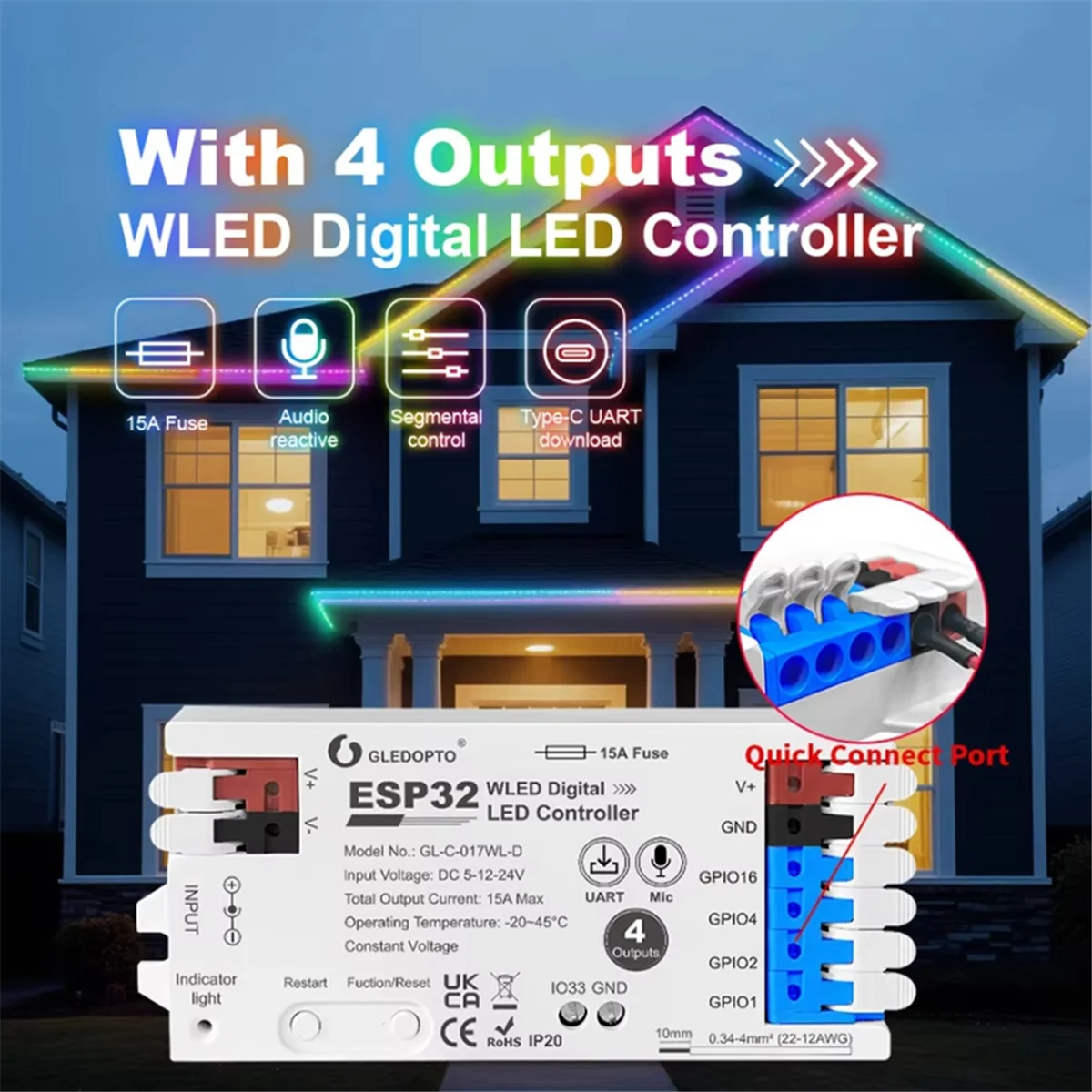 

A002 ESP32 WLED Controller with 4 Outputs 15A Fuse Mic Sound Dynamic Lights DIY Energy Saving Relay Level Shifter IC White