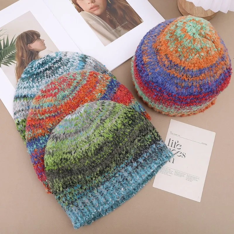 Rainbow Beanie Hat Sweet Knitted Gradient Tie Dye Color Outdoor Winter Warm High Elastic Fashion Casual Women Men Hip Hop Caps