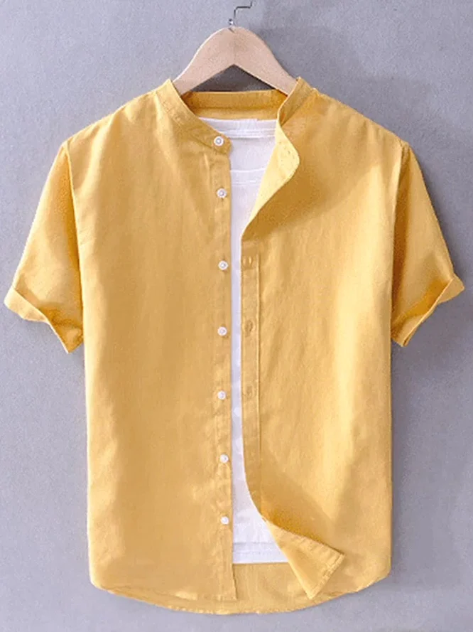 

Yellow Cotton Linen Men's Shirt Slim Fit Short Sleeve Stand Collar Casual Workwear Pleated Feeling Breathable Shirt Zhongshan...