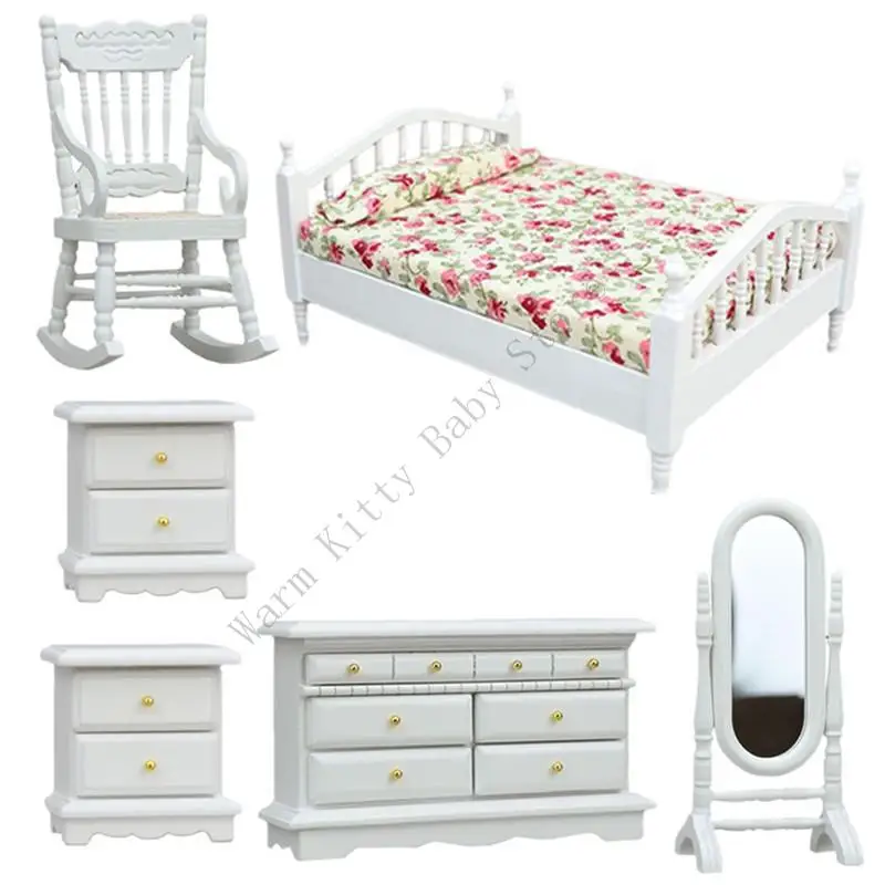 

6 PCs 1:12 Scale Dollhouse Bedroom Furnitures Set Miniature Floral Bed Wardrobe Chair Dressing Mirror Cabinet Models