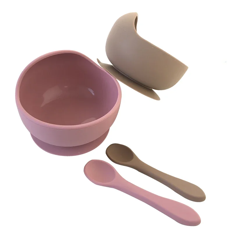 Silicone Baby Feeding Bowl e Spoon Set, Isolamento térmico, Resistente a altas e baixas temperaturas, Recurso de sucção