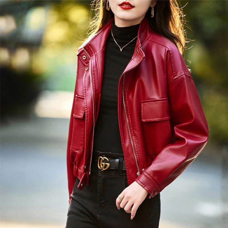 

Red PU Leather Jacket Women 2025 Spring Autumn New Soft Leather Stand Collar Short Coat Ladies Casual Zipper Leather Jackets