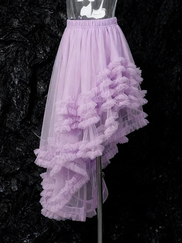 

Летняя повседневная юбка миди из полиэстера с высокой талией, в сетчатом стиле, с кружевной отделкой и асимметричным дизайном, в модном стиле.