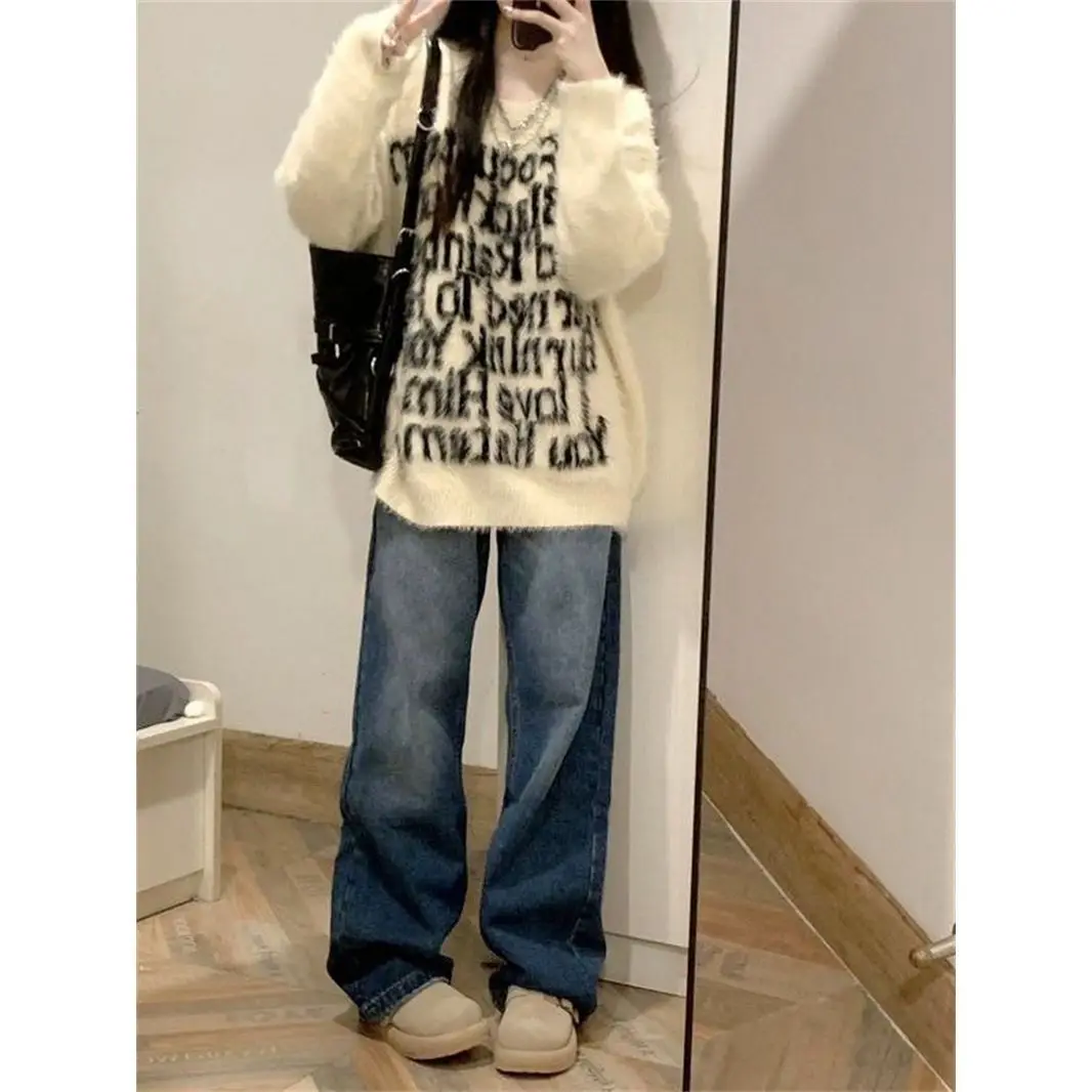

Korean Apy Cultural College Style Letter Mink Knitwear Top Winter Y2K Slim Lazy Sweater Long Sleeve round Neck Regular Length