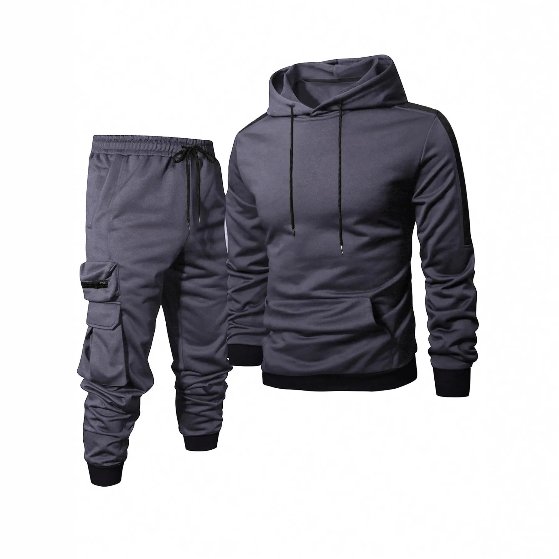 Men's Color Block Large Pocket Hooded And Jogger Pants Two Piece Set Casual Slim Fit Workwear Tracksuits Male Suits