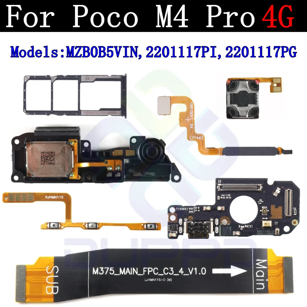 SIM Card Charging Port Board Fingerprint Sensor Off On Motherboard Flex Cable For Xiaomi Poco M4 Pro M4Pro Top Ear Loud Speaker