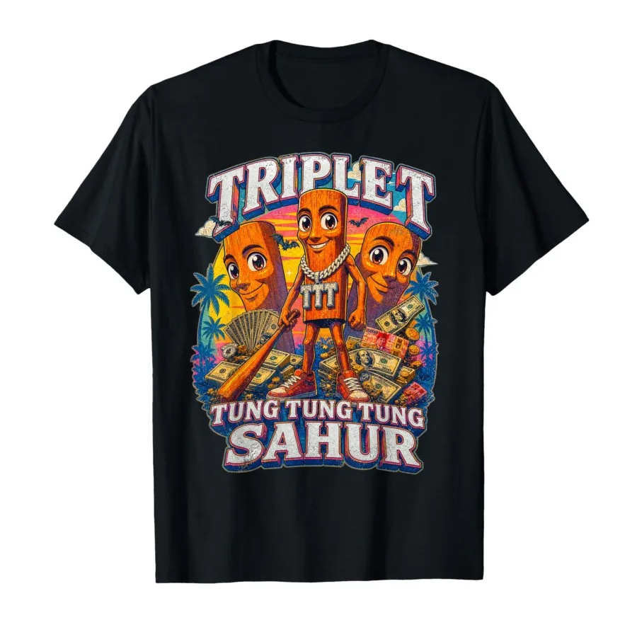 Triple T Tung Tung Tung Tung Sahur Italian Brainrot Meme T-shirt For Men Women 100% Cotton T Shirts Short Sleeve Tops 0716-1
