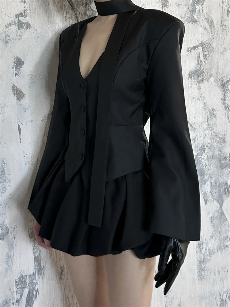 

MOONLET Модный черный короткий жакет с V-образным вырезом для женщин, с эффектом утончения талии, повседневный, с подплечниками, для работы и собеседований