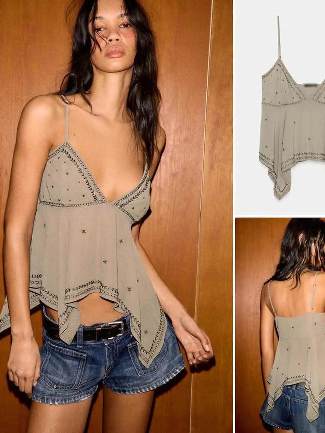 Adjustable Thin Strap V-Neck Top Beaded Accented Asymmetrical Hem Summer New Arrival Women's Casual Wear Citywalk