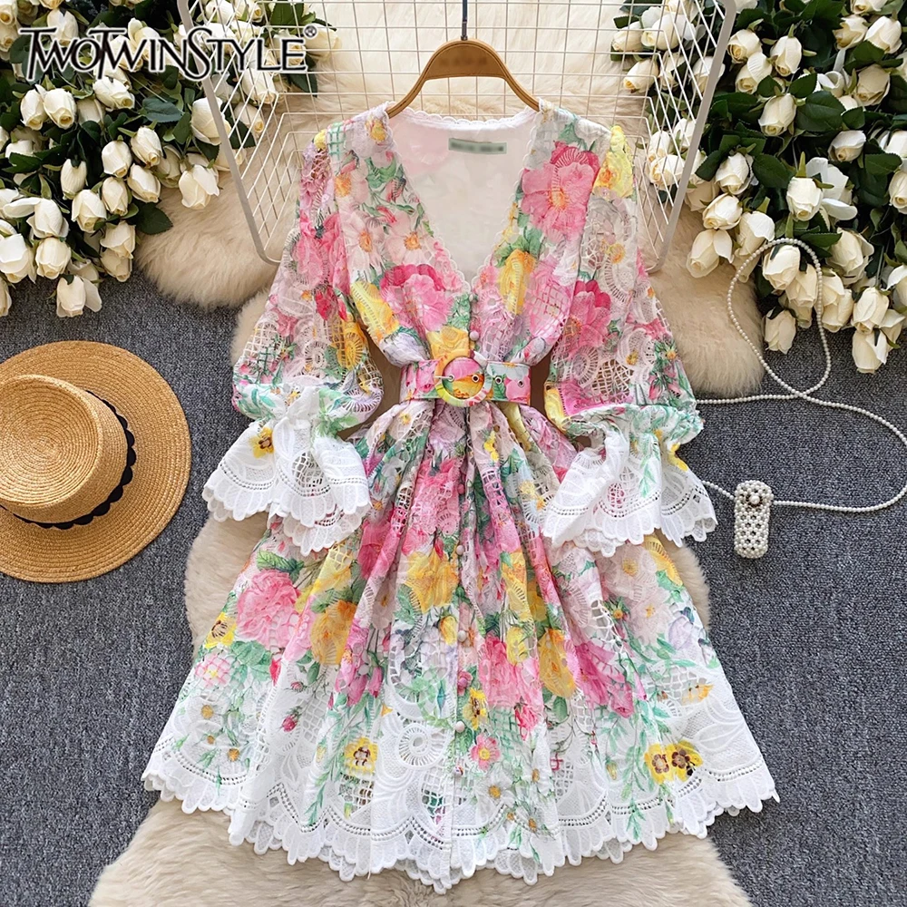 

TWOTWINSTYLE Sweet Slimming Hollow Out Lace Short Dresses For Women V Neck Half Sleeve High Waist Chic Dress Female KDR539883