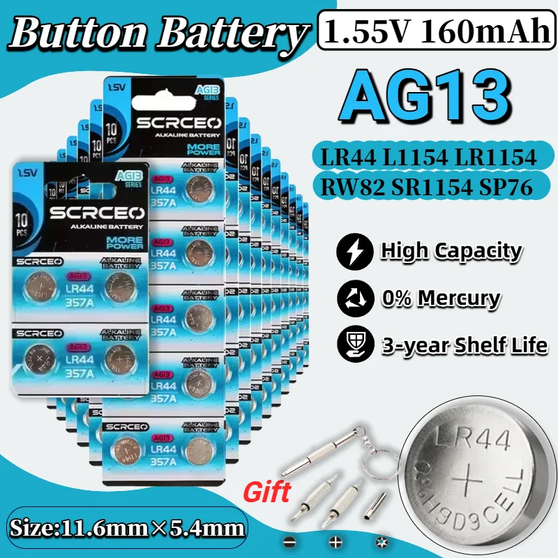 

1.5V AG13 Alkaline Button Battery LR44 LR1154 AG13 SR44 A76 357A for Watch,Calculator,Toys,Scales-Multi-Pack Option Available