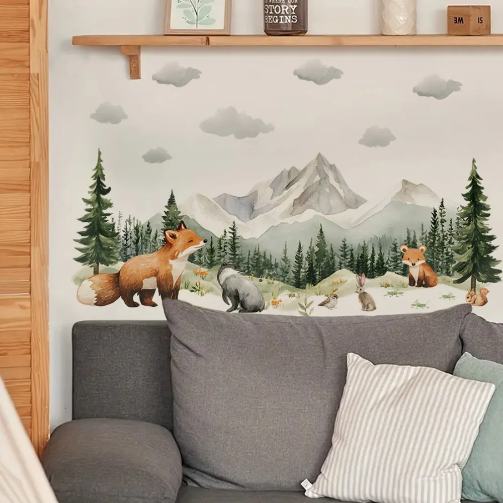 Watercolor Window Decals Forest Animals Fox Squirrel Mountain Self Adhesive Removable Sunlight Filter for Kids Room Bedroom