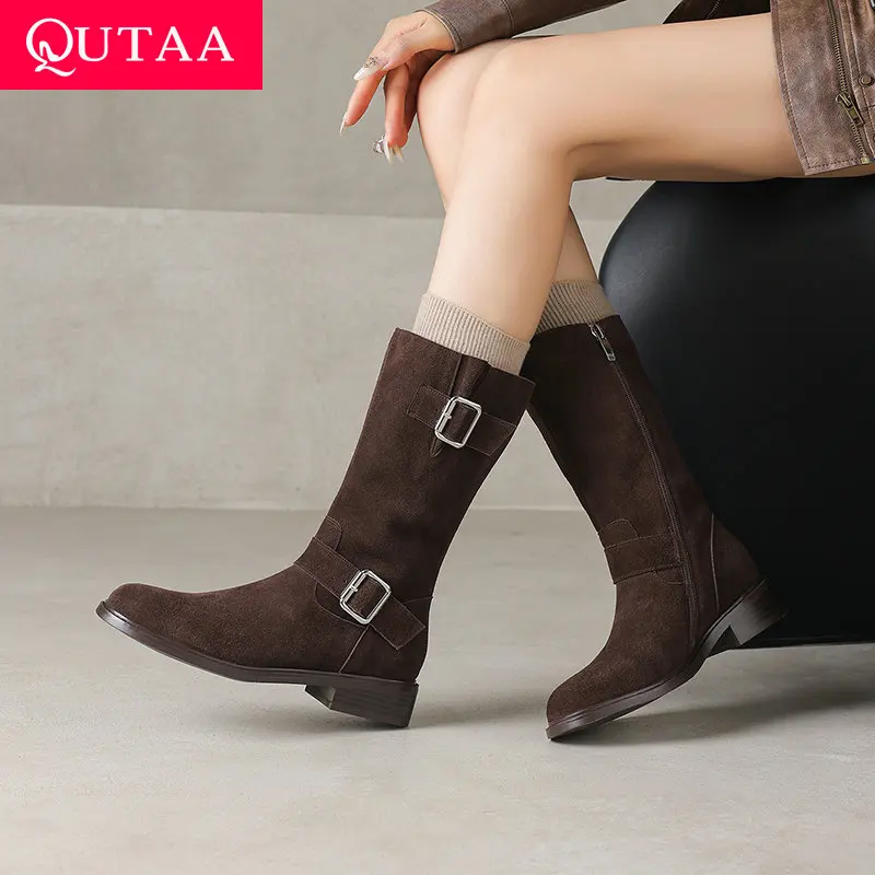 QUTAA 2027 Fashion News Women Mid Calf Boots Pointed Toe Cow Suede Winter Boots Heels Autumn Shoes Dress Short Boots 34-40
