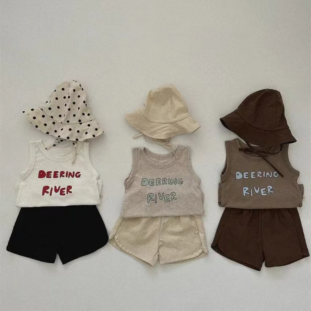 

Children Clothing Letter Print Sleeveless Vest Solid Color Shorts Cool Suit 2024 Summer Korean Style Simple Casual Two Piece Set