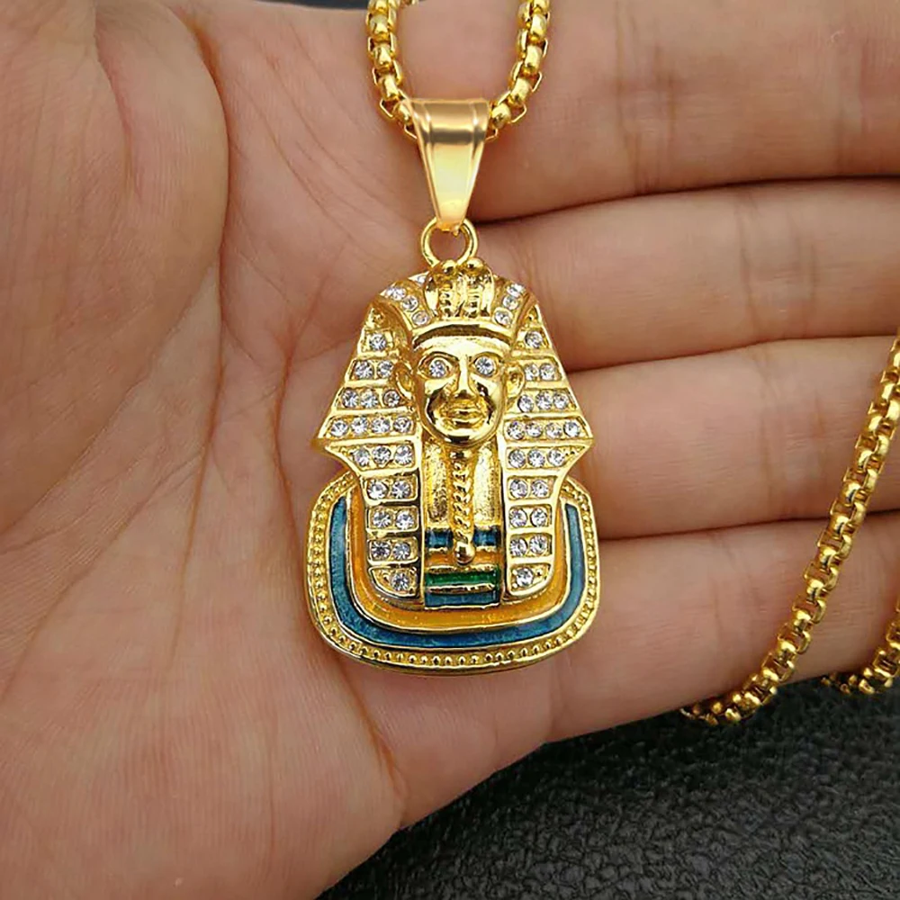 Egyptian Iced Out Bling Pharaoh Pendant Necklaces Male Gold Color Stainless Steel Necklace For Women Men Egypt Jewelry Gift