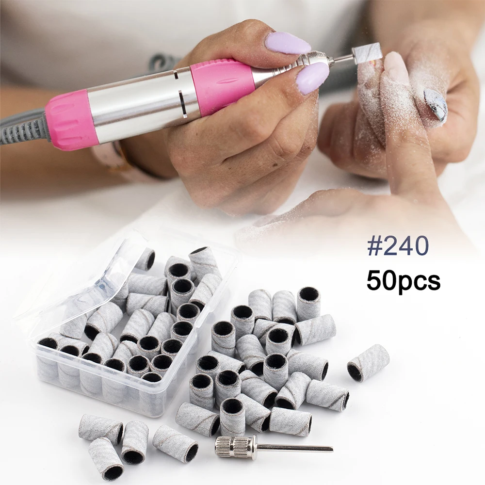 BNG 50Pcs Nail Sanding Bands with 1Pc Mandrel Bits 240/180 Grit Manicure Care Polishing Gel Burr Accessory Tools