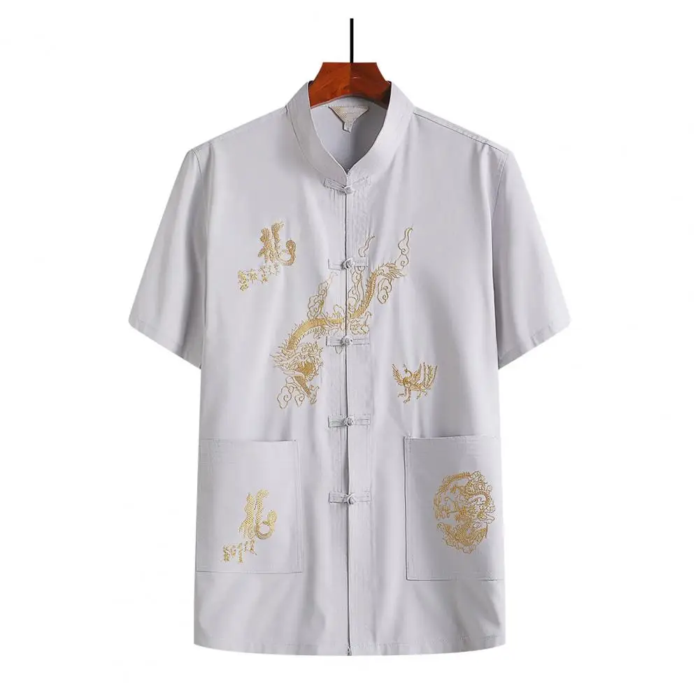 Men Tangs Suit Top Embroidery Dragon Short Slleve Men Shirt Solid Color Stand Collar Chinese Kung Fu Wing Chun Garment Shirt