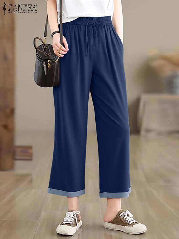 

ZANZEA 2025 Women Denim Capris Casual Loose Calf-Length Pants Fashion Lace-Up Elastic Waist Trouser Pockets Bottoms S-3XL