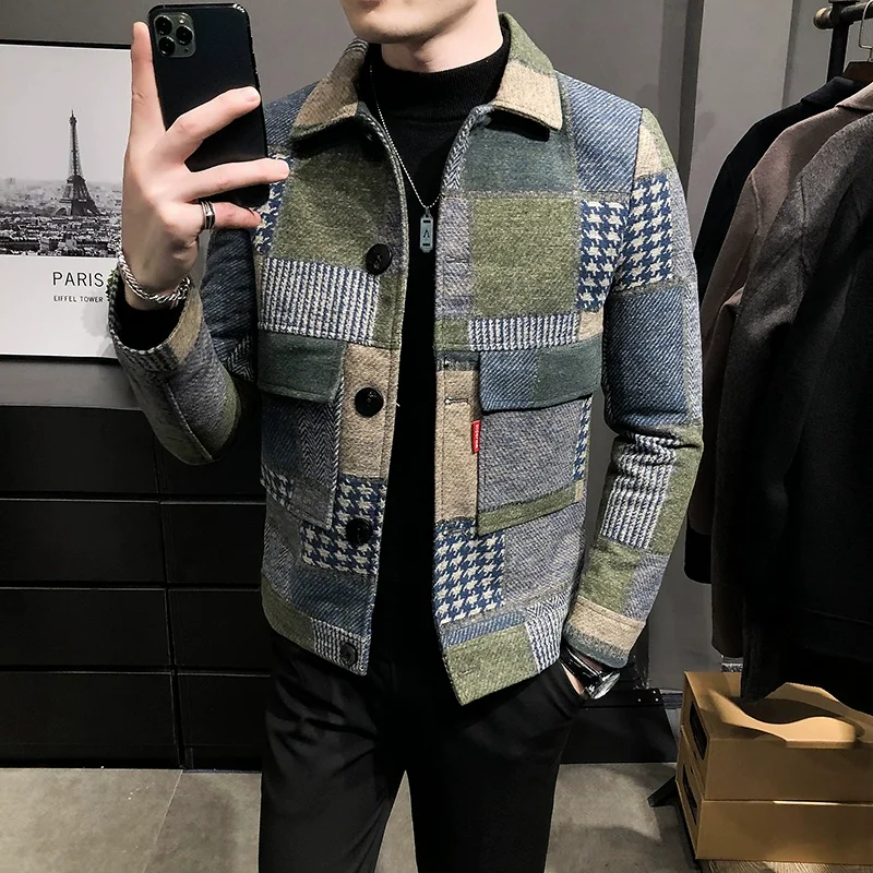 2024 Autumn Winter New Woolen Plaid Coat Jackes Men Business Casual Slim Fit Jackets Streetwear British Style Party Blazers