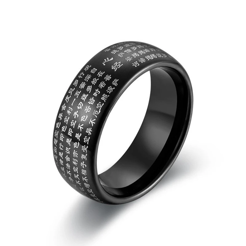 8mm Buddhist Heart Sutra Tungsten Steel Ring Classics Tungsten Black Gold Color Ring