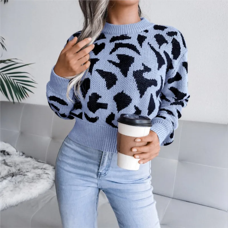 

2025 Autumn And Winter Leopard Print Waist Cinching Knitted Short Crop Top Sweater New Women's Round Neck Long Sleeved Slim Fit