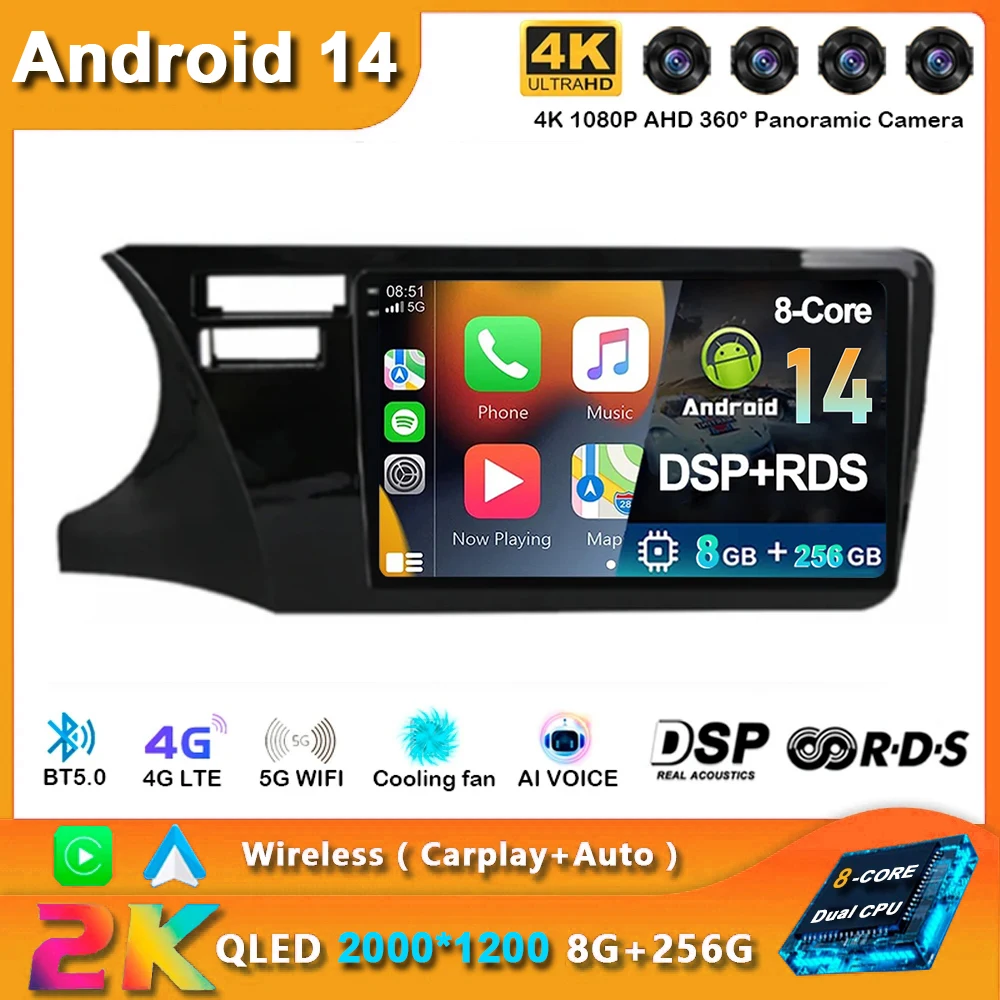 

Android 14 wireless Carplay Auto Car Radio For Honda City LHD 2014 - 2017 Navigation GPS Multimedia Player Stereo Video Wifi+4G