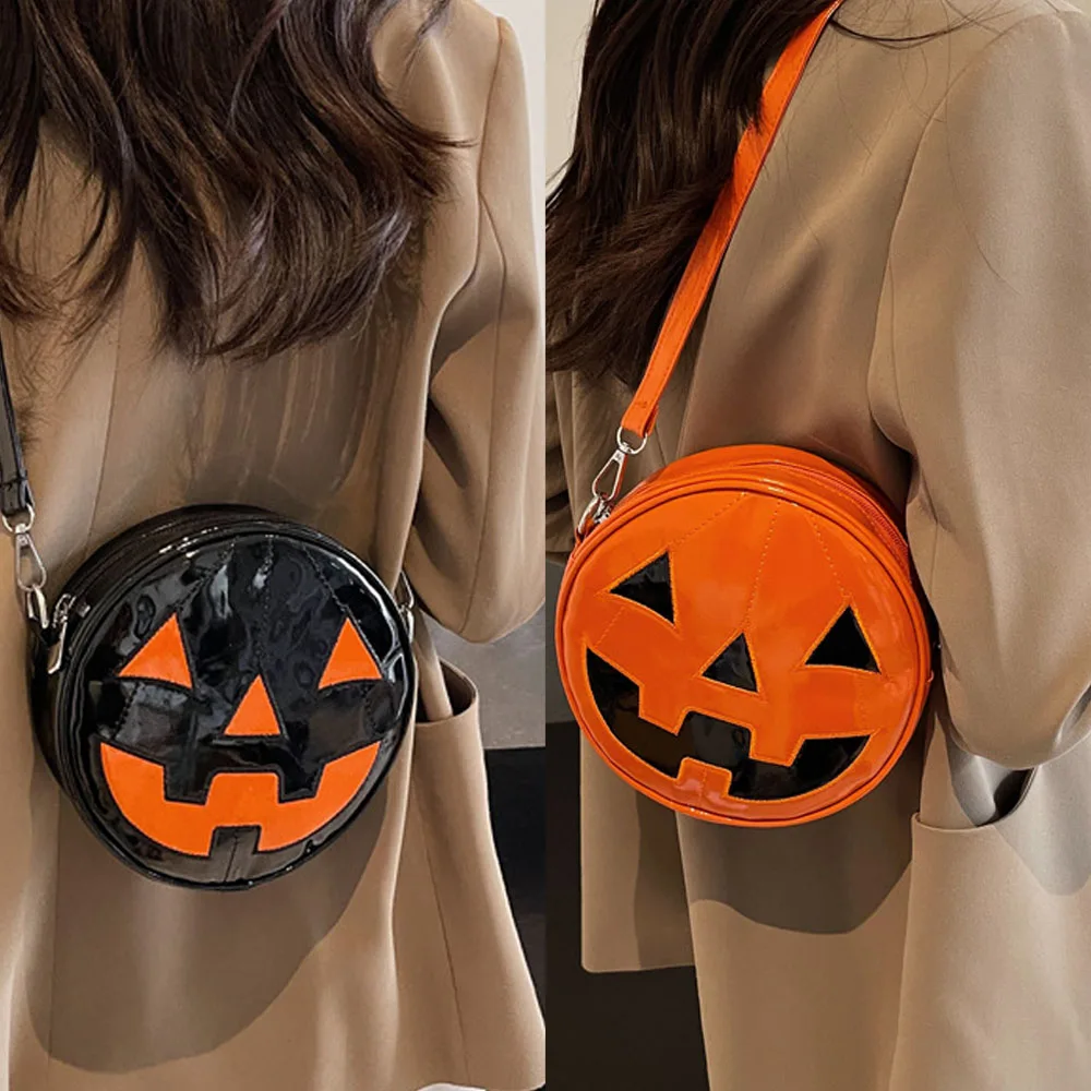 

Women Halloween Pumpkin Crossbody Bag Round PU Leather Adjustable Strap Satchel Bag Funny Purse Creative Devil Shoulder Bag