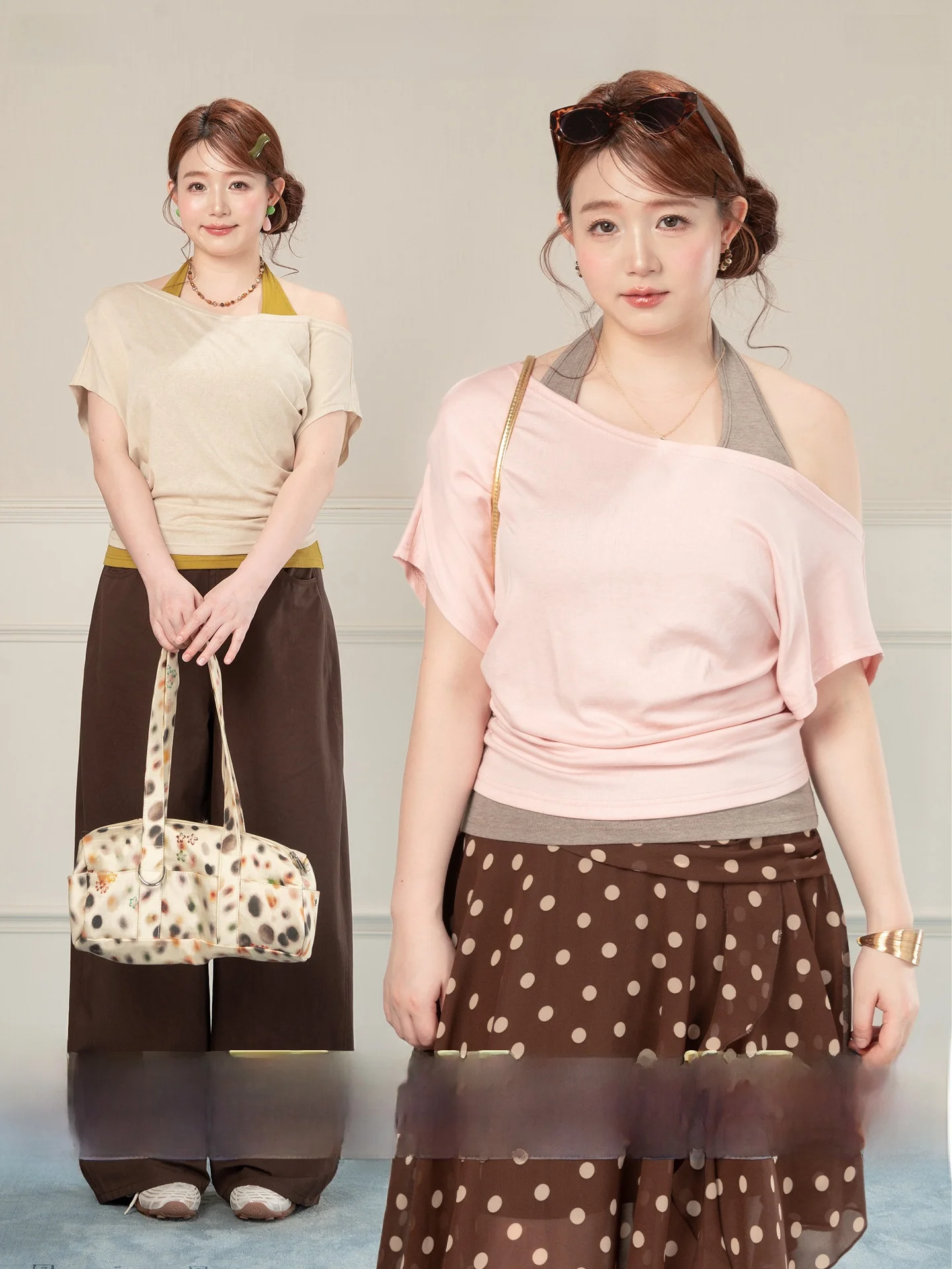 

Heynew plus Size Women's Casual Style T-Shirt Halter Neck Polka Dot Two-Piece Set Summer Loose Fit Big Dot Print Top
