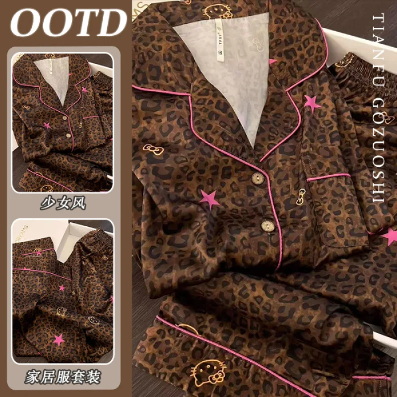 

Новый комплект из 2 предметов: весенняя пижама в корейском стиле с леопардовым принтом, женская повседневная домашняя одежда, удобный комплект с длинными рукавами и брюками